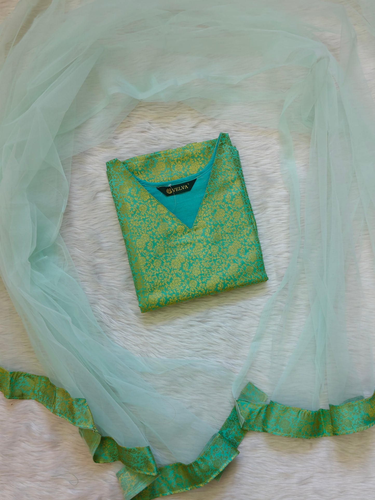 SEA GREEN BANARASI TOP AND SHAWL COMBO