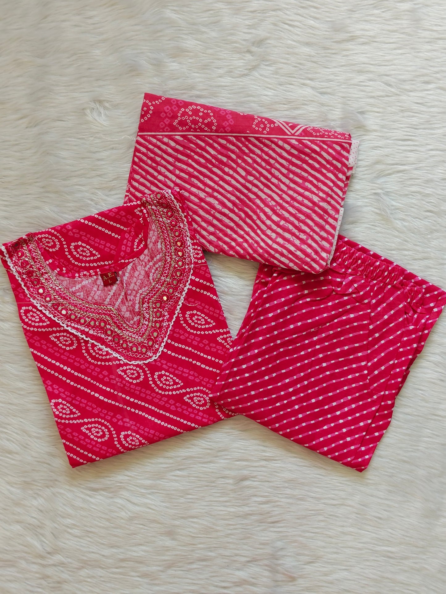 RANI PINK BANDHANI MIRROR WORK COTTON SET