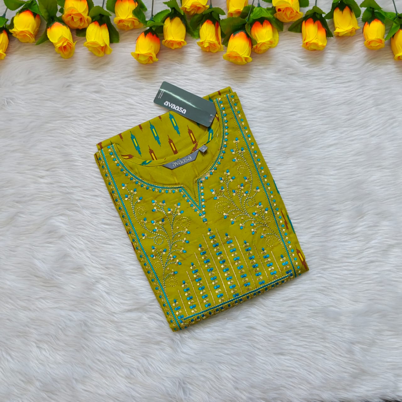 MUSTARD GREEN MIX KURTI