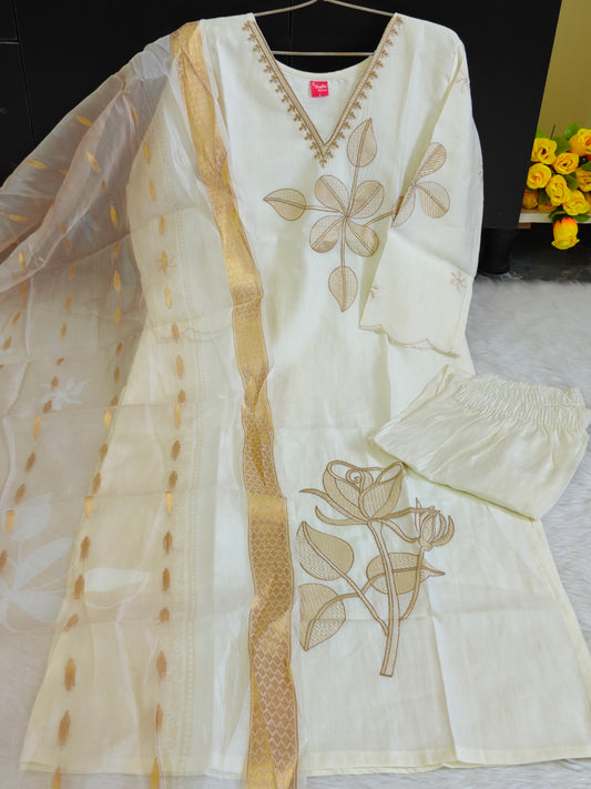 CREAM ZARI V NECK SET