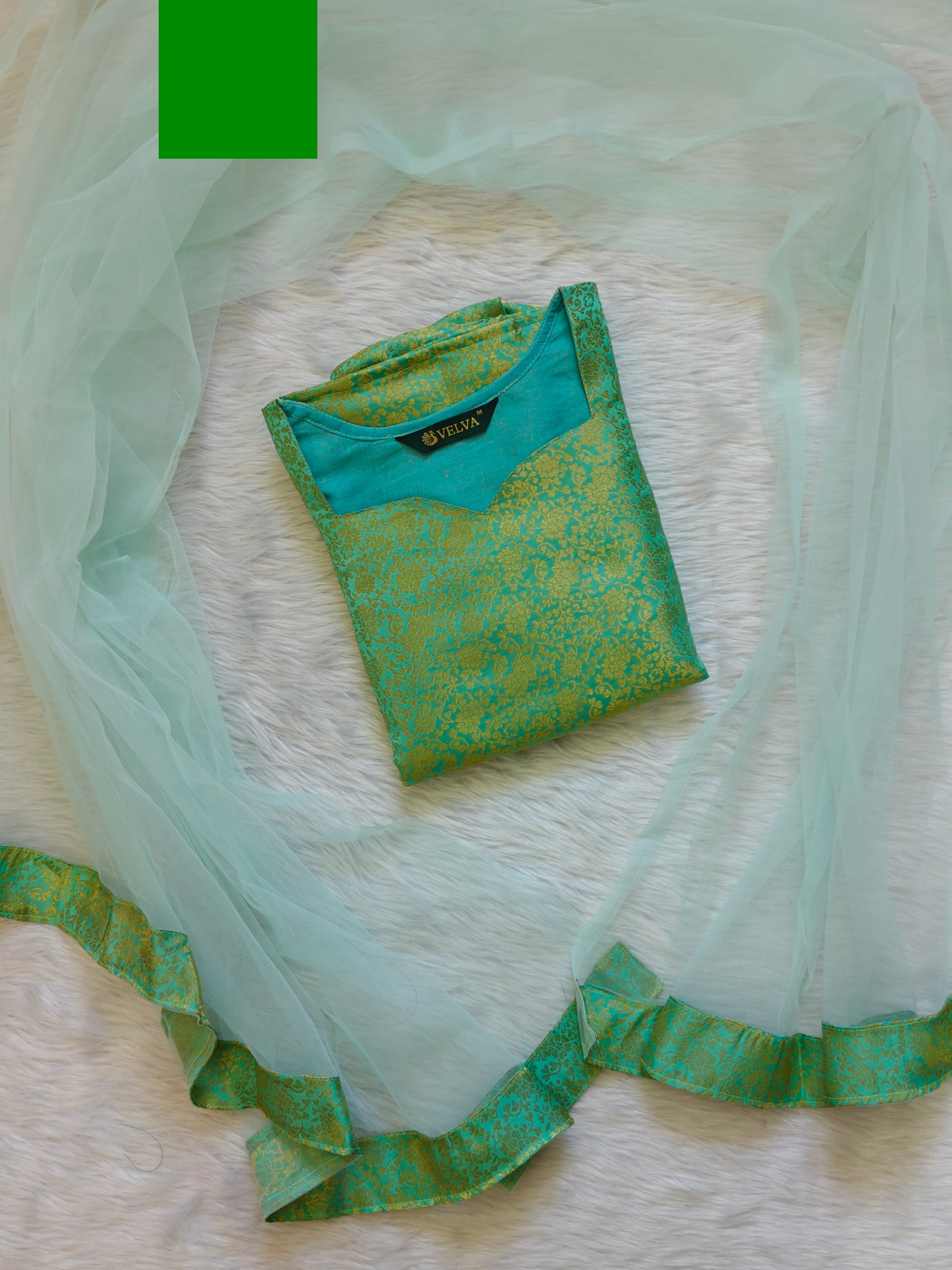 SEA GREEN BANARASI TOP AND SHAWL  COMBO