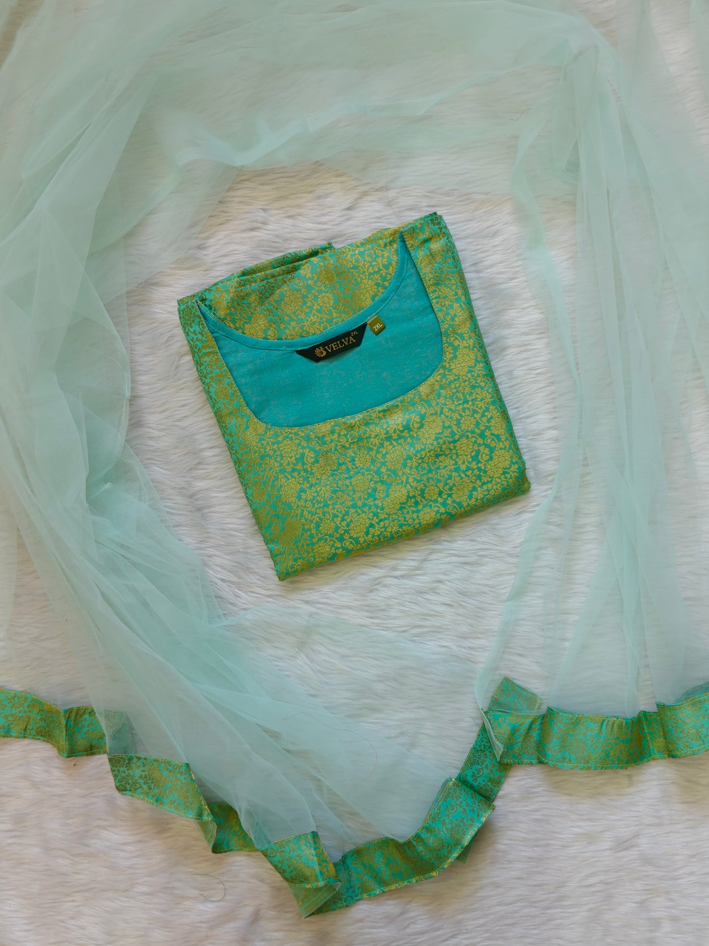 SEA GREEN BANARASI TOP AND SHAWL  COMBO