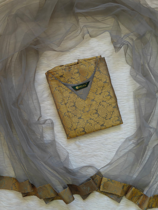 PASTEL GREY BANARASI TOP AND SHAWL  COMBO