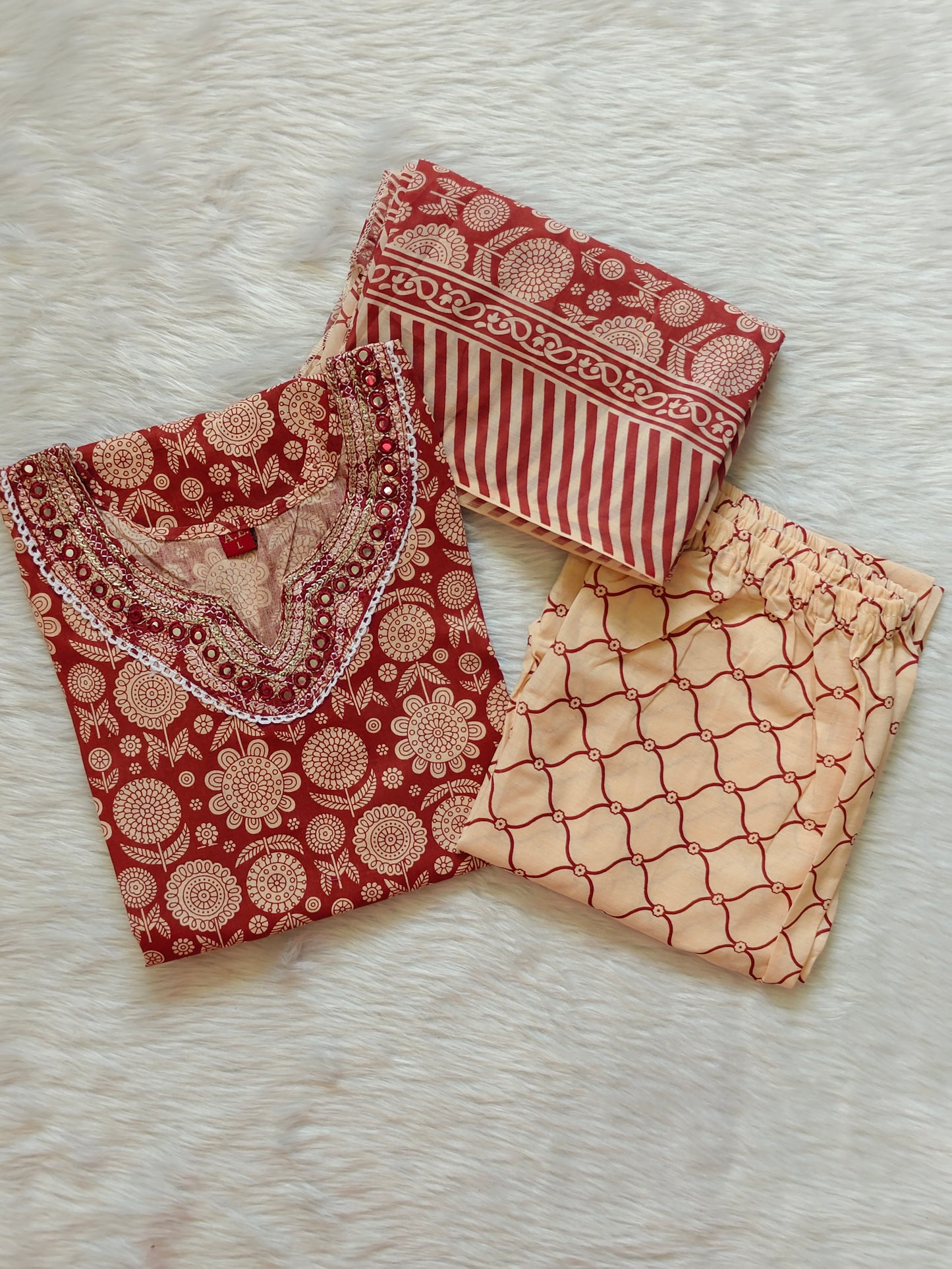 MAROON BEIGE MIRROR WORK COTTON SET