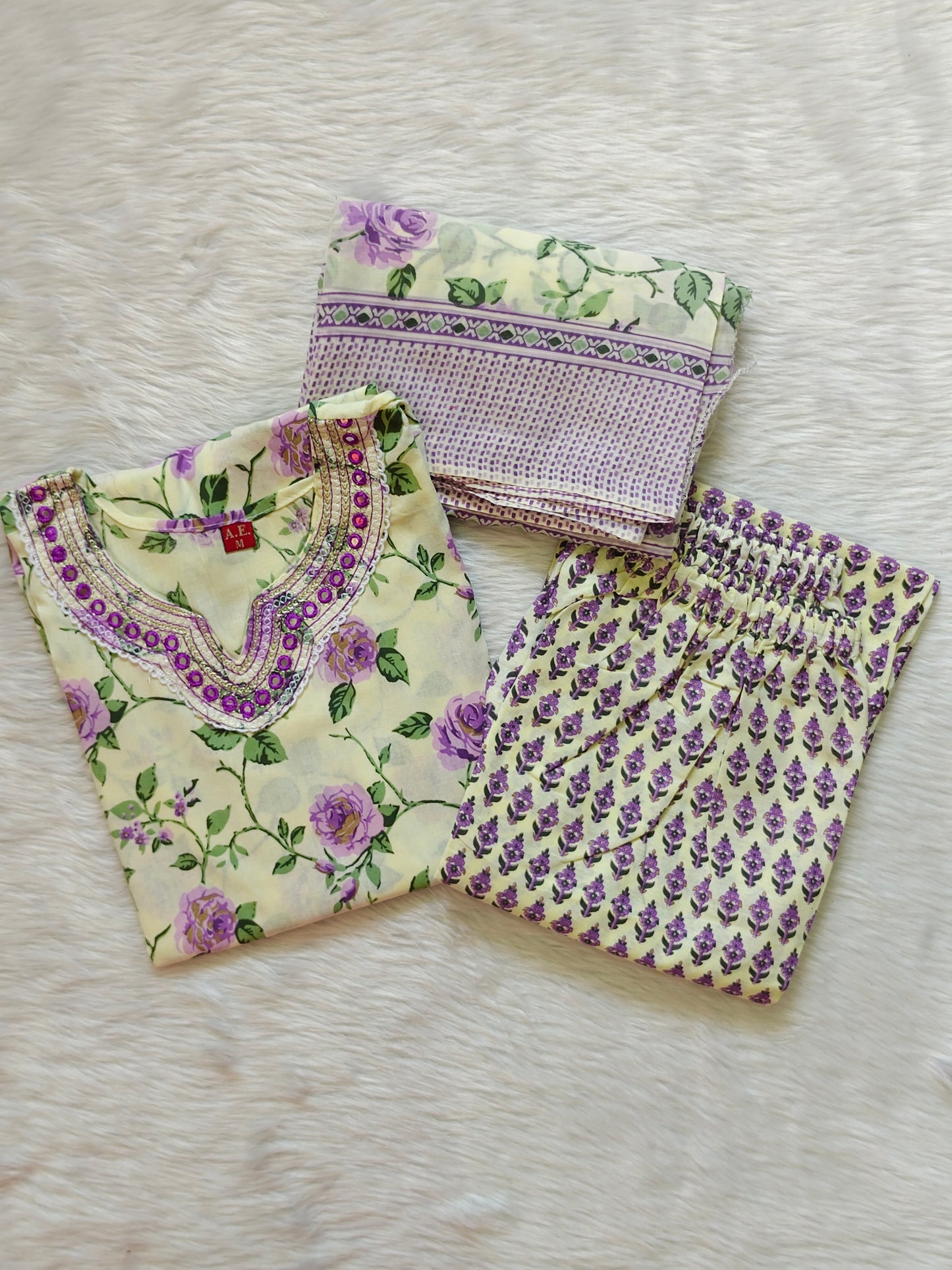 CREAM PURPLE MIRROR WORK COTTON SET