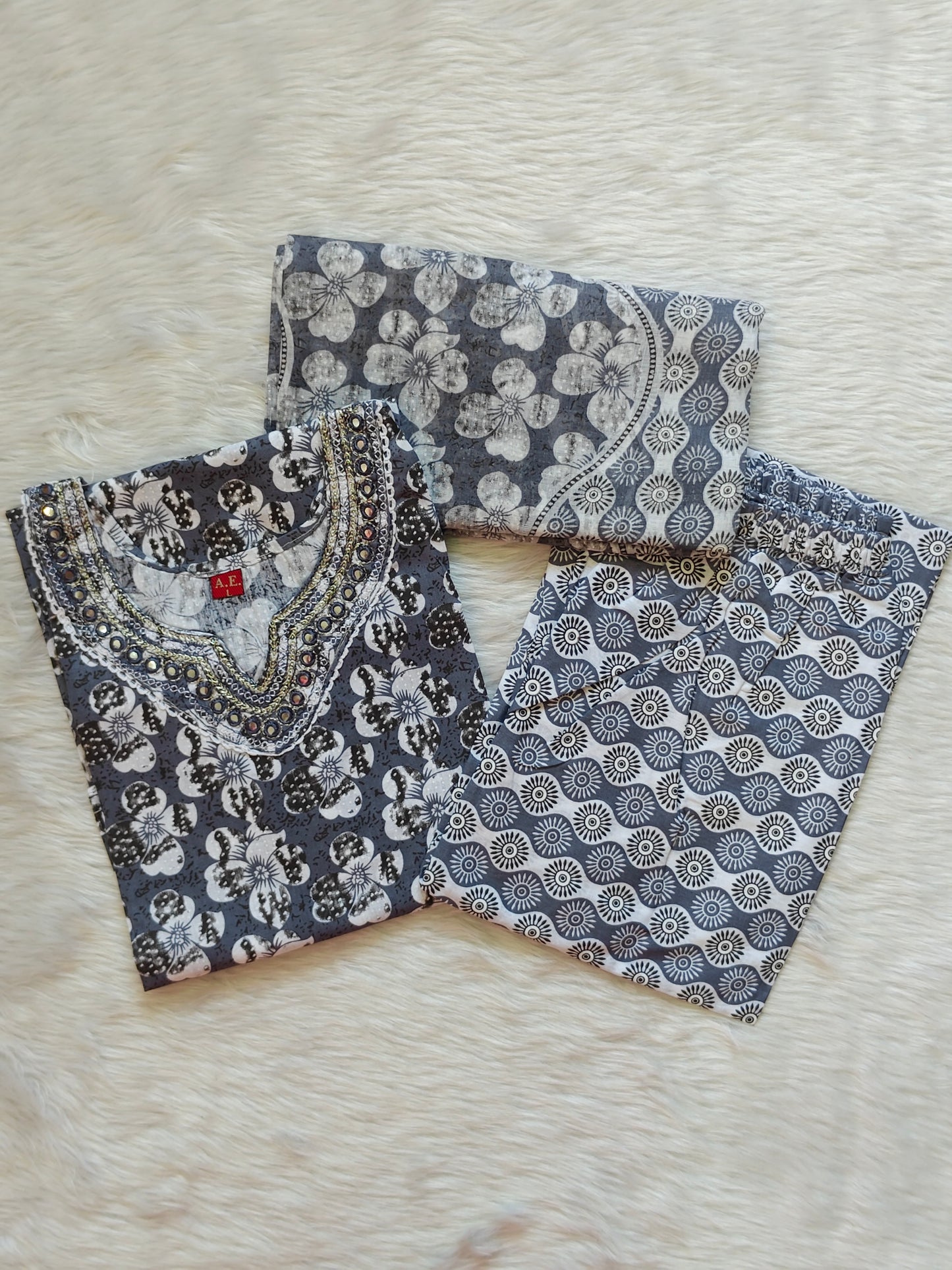 CHARCOAL GREY MIRROR WORK COTTON SET