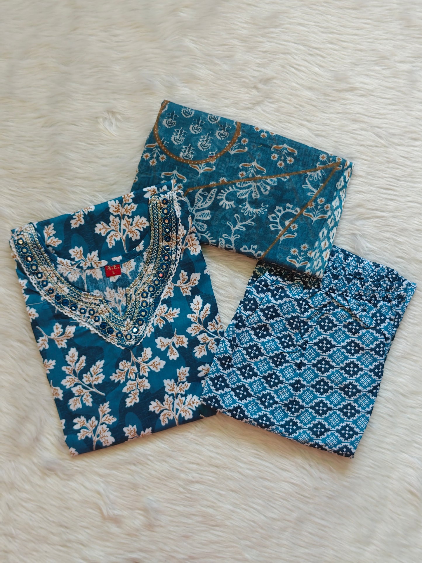 TEAL BLUE MIRROR WORK COTTON SET