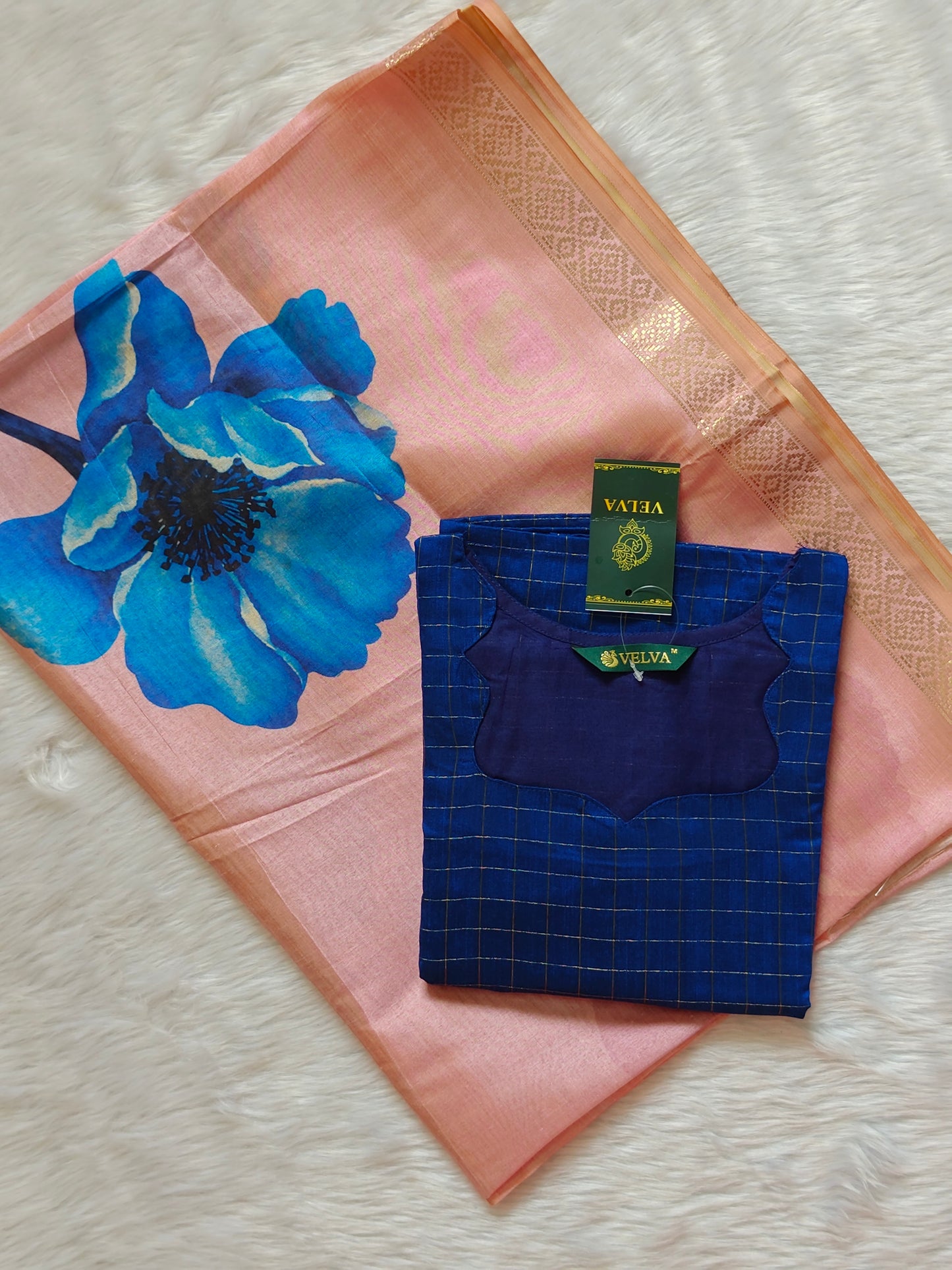 ROYAL BLUE CHECKS TOP AND SHAWL COMBO