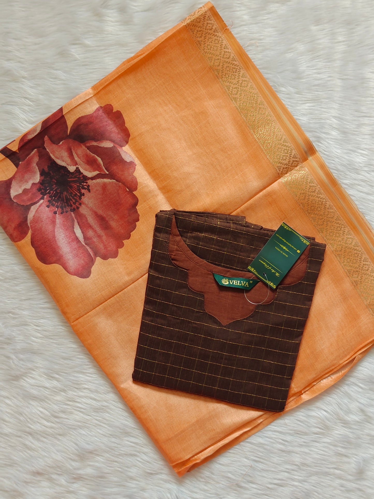 COFFEE BROWN CHECKS TOP AND SHAWL COMBO