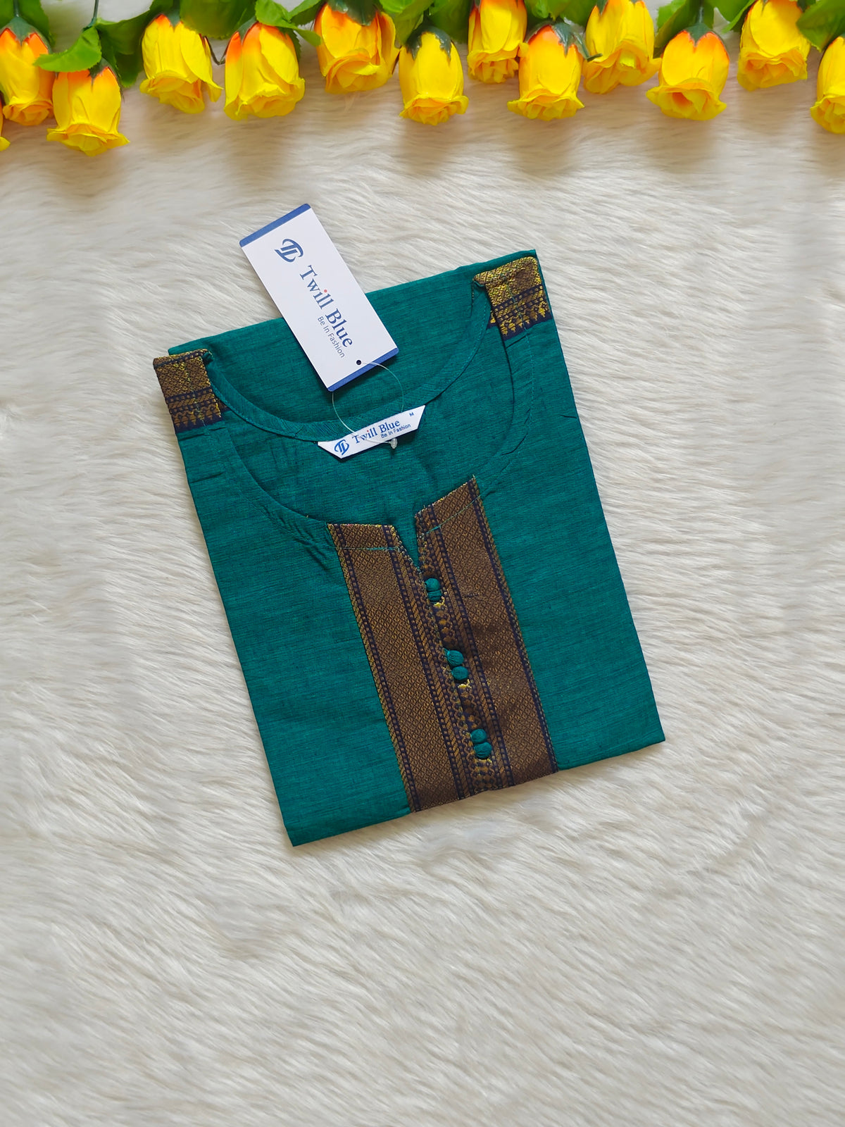TEAL GOLDEN ZARI BORDER KURTI