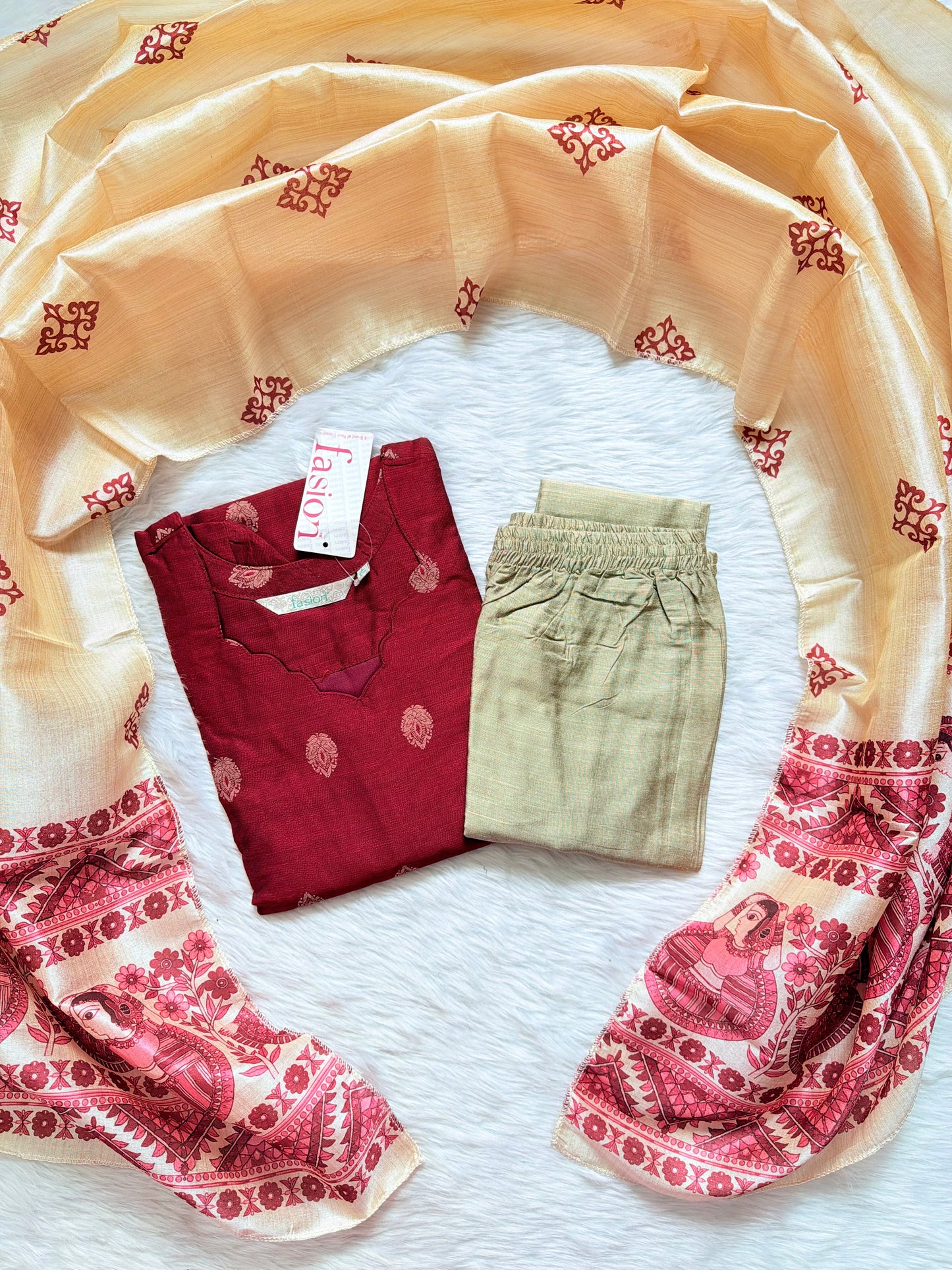 MAROON SCALLOP NECK RAW SILK SET