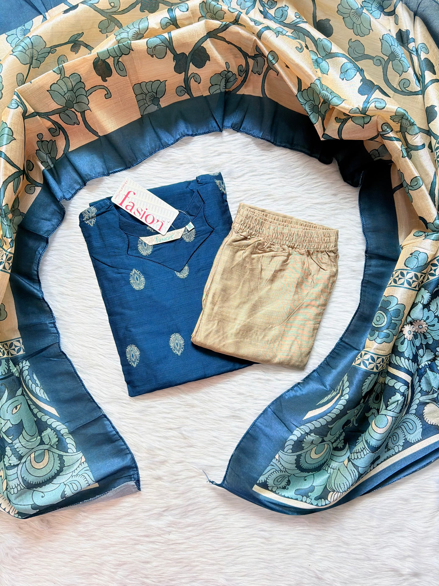 TEAL BLUE SCALLOP NECK RAW SILK  SET