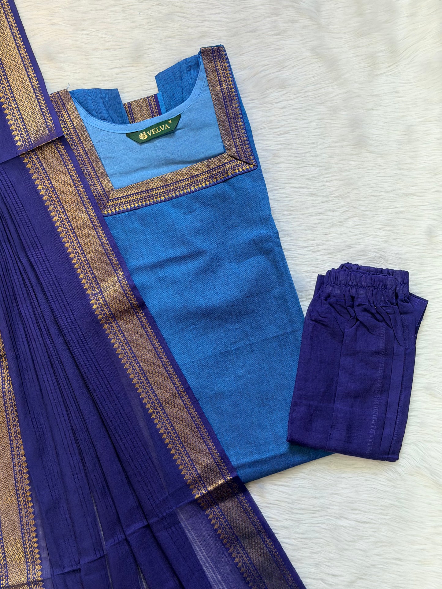 AQUA BLUE GOLD ZARI SET